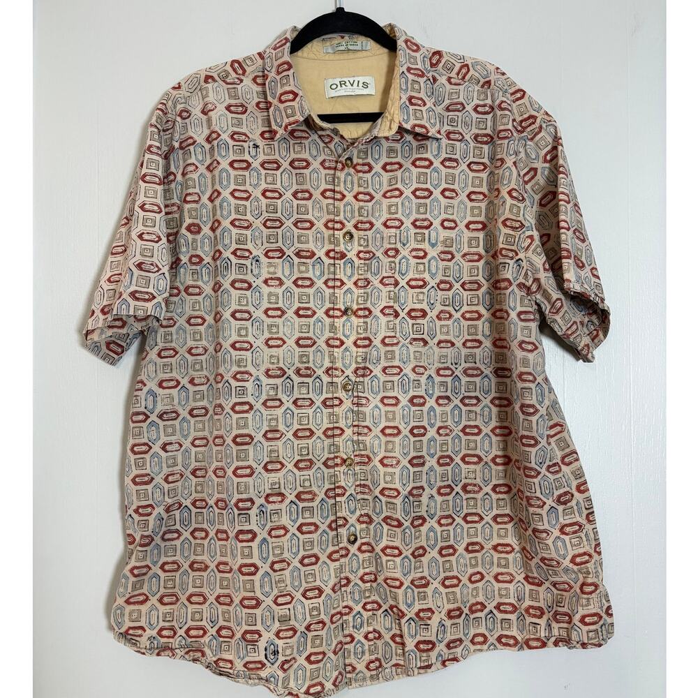 Orvis Mens XL Tan Red Geometric Pattern Short Sleeve Button Front Cotton Shirt